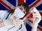 Scientist woman with test tube Coronavirus or COVID-19 against Great Britain flag. Research of viruses