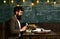 Scientist work with microscope. Man with beard and mustache in school. Bearded man make research on chalkboard