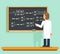 Scientist writes down mathematic formula scientific physical calculations board flat design vector illustration