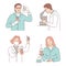 Scientists developing vaccine or making chemical or medicine analysis vector cartoon outline illustration.