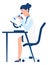 Scientists female character. Woman sits at desk, doing research with a microscope, laboratory experiment, exploration in