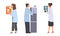 Scientists in lab set. People in white coats doing scientifical researches with laboratory equipment vector illustration