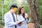 Scientists are studying plant species of tree. Male and female scientist looking at leaf by magnifying glass in forest. Scientists