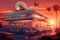 A scifi take on the classic american diner, sunset cafe on a retrofuturistic island in the style of a 50s illustration!. Generativ