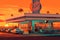 A scifi take on the classic american diner, sunset cafe on a retrofuturistic island in the style of a 50s illustration!. Generativ
