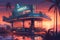 A scifi take on the classic american diner, sunset cafe on a retrofuturistic island in the style of a 50s illustration!. Generativ