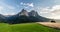 Sciliar and Punta Santner seen from meadows around Castelrotto, Seiser Alm, Bolzano province, South Tyrol, Italy. Agriculture