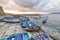 Scilla coastline and boats in Chianalea at sunset, Calabria, Ita