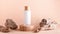 Scincare cosmetics on podium with seashells on neutral background