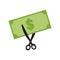 Scissor cutting money bill on white background. price or cost cut sign. discount symbol. sale icon