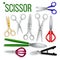 Scissor Set Vector. Metal Craft Object. Cut Tool. Paper, Garden, Hairdresser Symbol. Steel Scissor Cutter Equipment. 3D