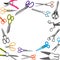 Scissors with colored handles frame, vector illustration. Beauty salons or tailors tools, shears and scissors in round