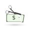 Scissors cut money icon. Scissors cut dollar banknote