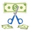Scissors cuts budget, process of cutting dollar banknote vector