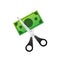 Scissors cutting money bill in flat style. Price, cost reduction or cut price. Vector stock illustration