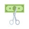 Scissors cutting money bill in half.