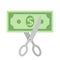 Scissors cutting money bill in half, stock vector illustration