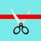 Scissors cutting red ribbon concept, stock vector illustration