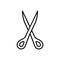 Scissors icon. Removal, cutting off excess. Linear tailor scissors with sharp ends. Black simple illustration of sewing studio,