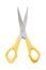 Scissors isolated on a white background, close up, with yellow handles.