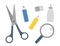 Scissors, pencil, magnifying glass, glue icons isolated on white background. Set of vector stationery for craft or school