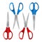 Scissors with red and blue plastic handles, open and closed, isolated on white