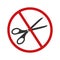 Scissors with red forbidden sign. Do not cut prohibition icon. Stop cutting pictogram isolated on white background