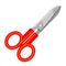 Scissors with red plastic handles icon. Metal shears closed. Hand-operated shearing tool