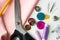Scissors, sewing tools and cloth