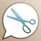 Scissors sign illustration. Bright cerulean icon in white speech balloon at pale taupe background. Illustration