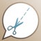 Scissors sign illustration. Bright cerulean icon in white speech balloon at pale taupe background. Illustration