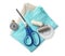 Scissors, spools of threads and sewing tools on white background, top view