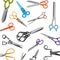 Scissors for tailors, barbers vector pattern. Illustration of thinning scissors, shears for beauty salons or shops