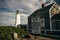 Scituate Harbor lighthouse overlooks a breakwater in Massachusetts - oct, 2022