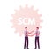 Scm, Supply Chain Management and Business Strategy Concept. Businesspeople Male Characters Shaking Hands