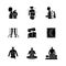 Scoliosis diagnosis and treatment black glyph icons set on white space