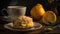 Scones with orange jam and cup of coffee on wooden table