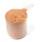 Scoop of chocolate whey protein powder on white