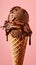 Scoop of crave-worthy dark rich chocolate ice cream with velvety texture in waffle cone with melting dripping, chocolate sauce on