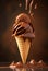 Scoop of crave-worthy dark rich chocolate ice cream in waffle cone with melting chocolate sauce splashes. AI generated