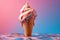 scoop of ice cream on cone against bright background