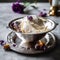 A scoop of lavender honey ice cream on a silver plate. AI generative image.