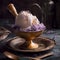 A scoop of lavender honey ice cream on a silver plate. AI generative image.