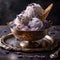 A scoop of lavender honey ice cream on a silver plate. AI generative image.