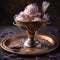 A scoop of lavender honey ice cream on a silver plate. Generative AI image.