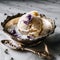 A scoop of lavender honey ice cream on a silver plate. Generative AI image.