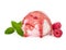 Scoop of raspberry ice cream with fresh raspberries, mint and ra