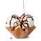 scoops vanilla ice cream pouring chocolate glaze in waffle cone bowl isolated on white