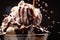 scoops vanilla sundae ice cream pouring chocolate syrup glaze in bowl. Generative AI.