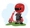 Scooter driver. Biker Cartoon. Child illustration. Proud of victory. In a sports uniform and a red helmet. Cool